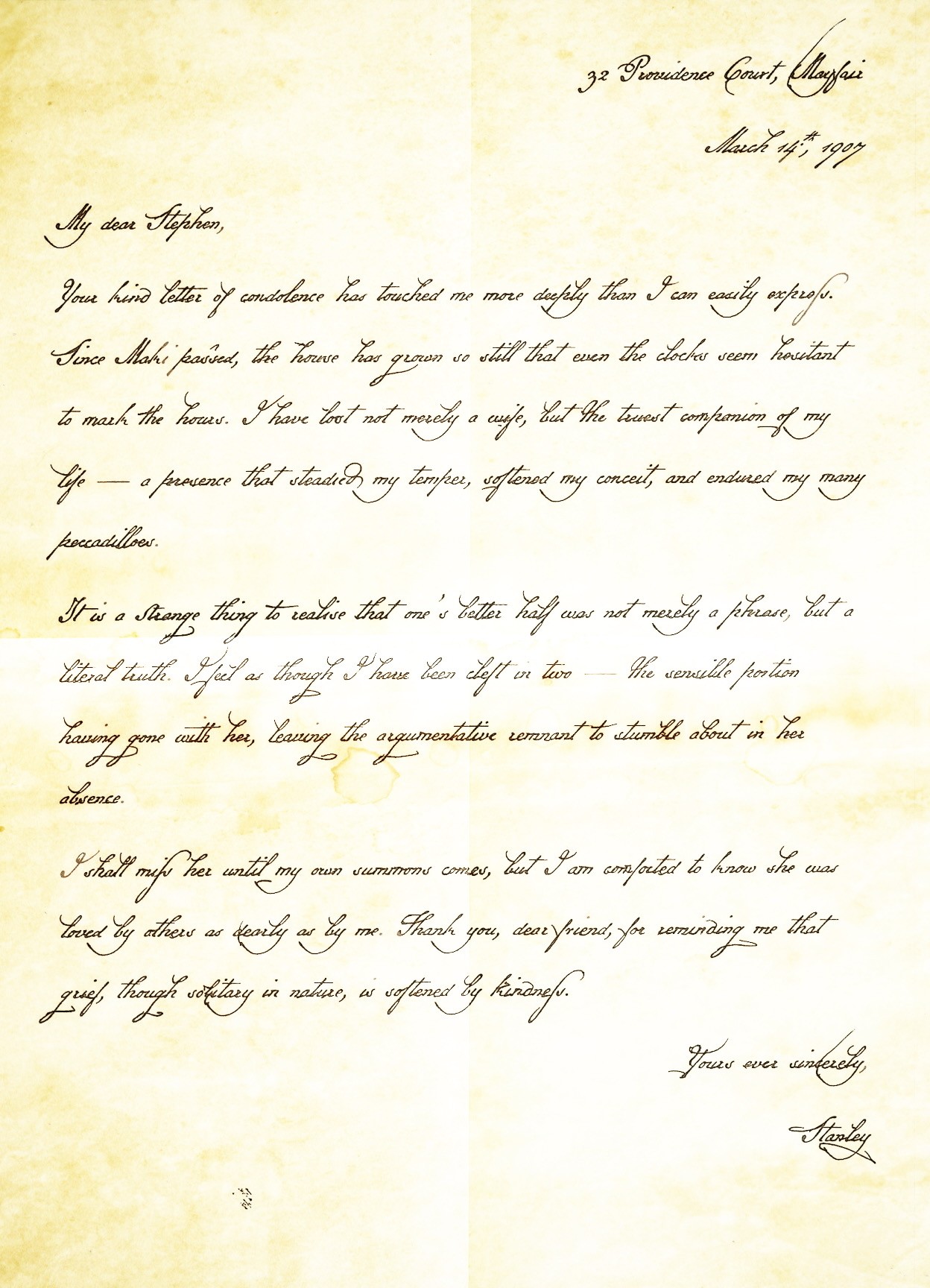 Letter on the death of Maryka, 1907